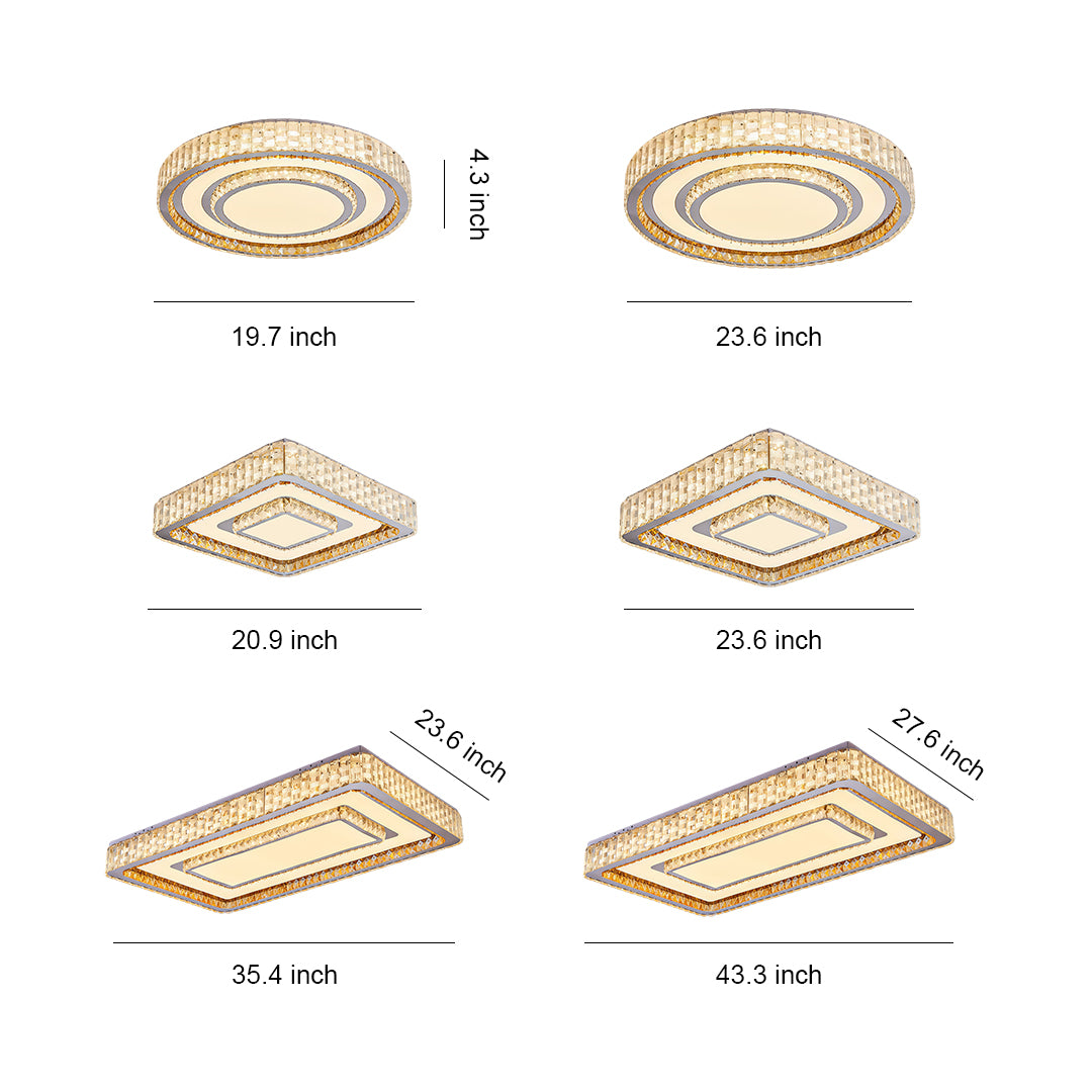 Detailed size chart showing various round and square flush mount LED light fixtures dimensions.