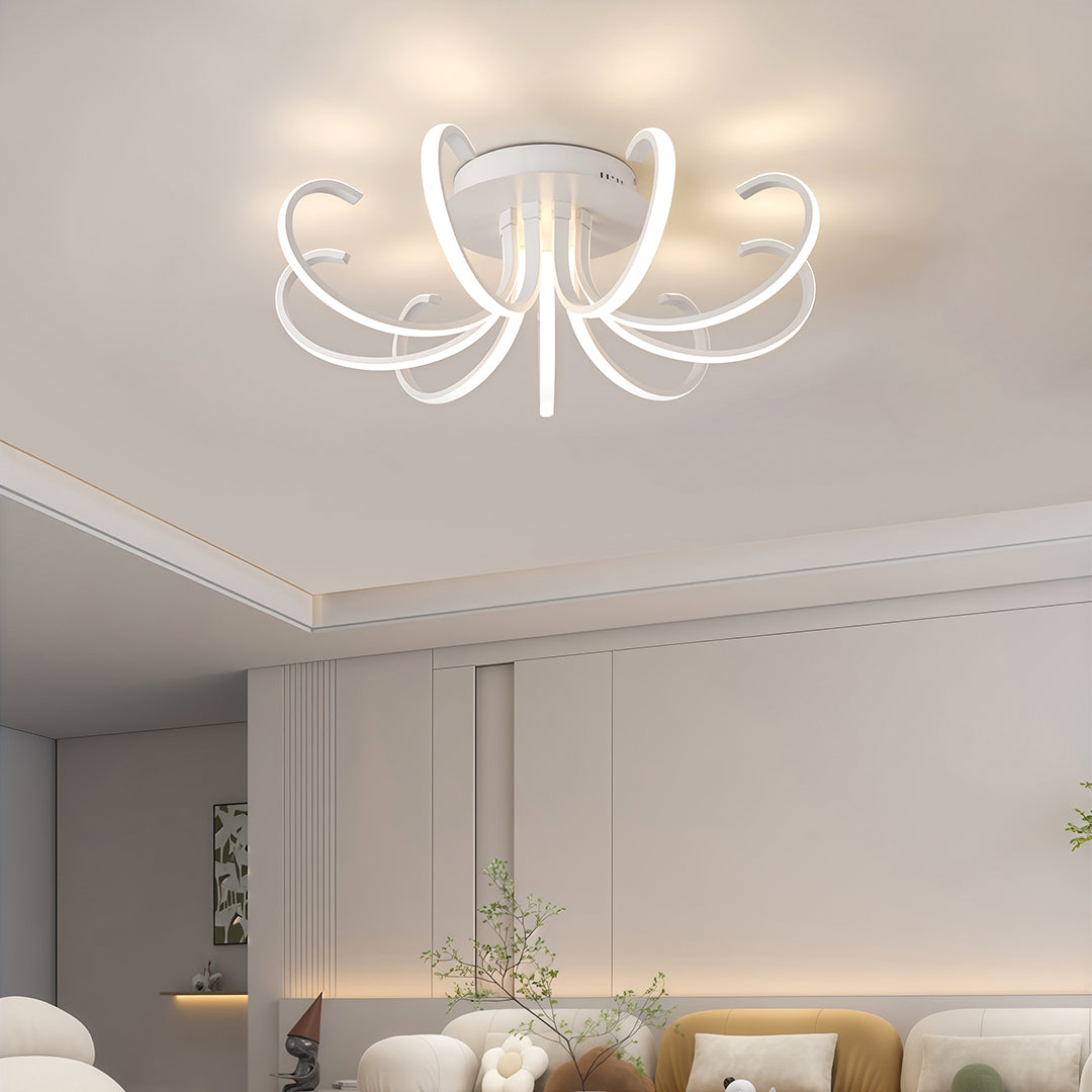 Flush mount led lighting providing soft illumination in minimalist bedroom space