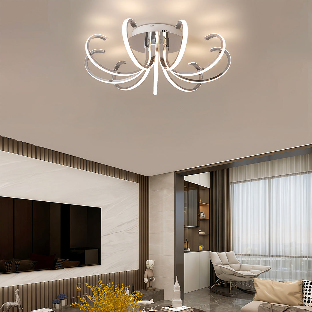 Flush mount led lighting creating ambient glow in modern living room with neutral tones