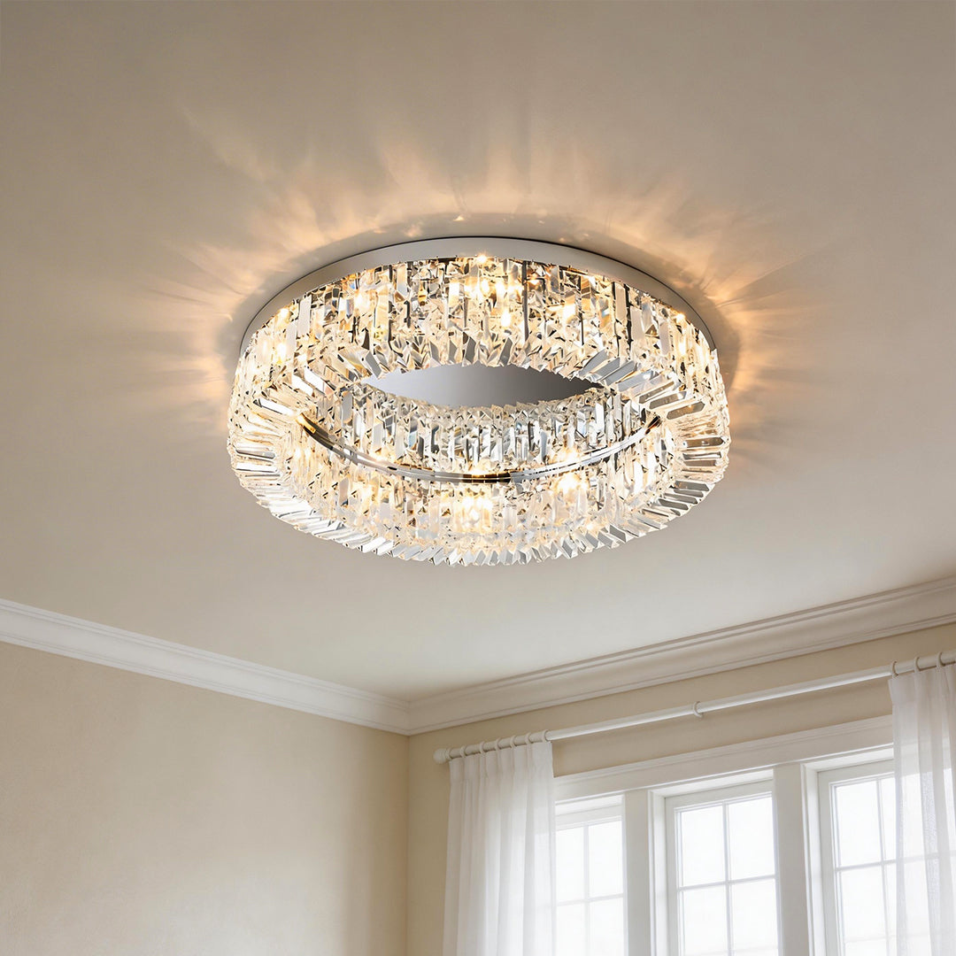 Stunning flush mount modern crystal ceiling light featuring a sparkling ring of rectangular crystal prisms casting radiant light in an elegant room.
