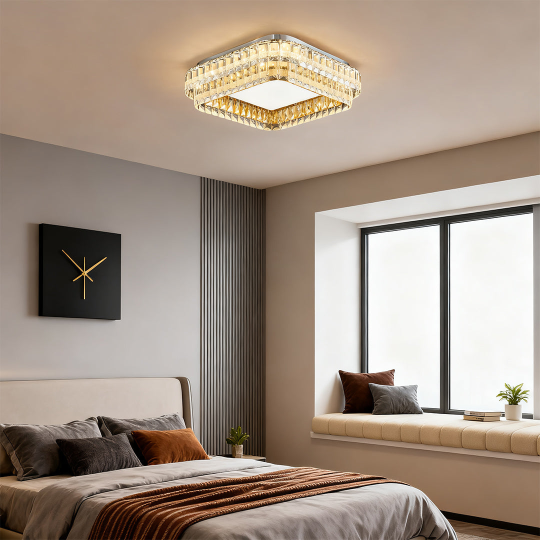 Flush mount modern light installed in a cozy modern bedroom with neutral tones.