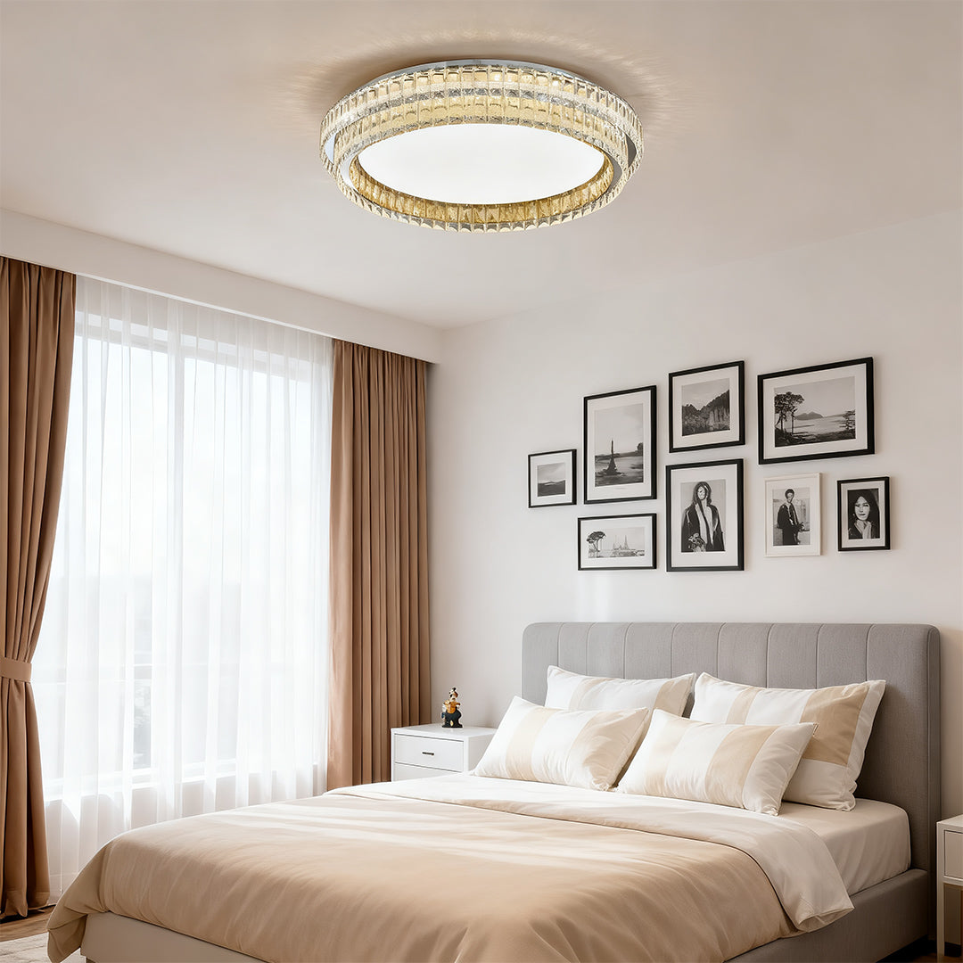 Flush mount modern light adding elegance to a contemporary bedroom.