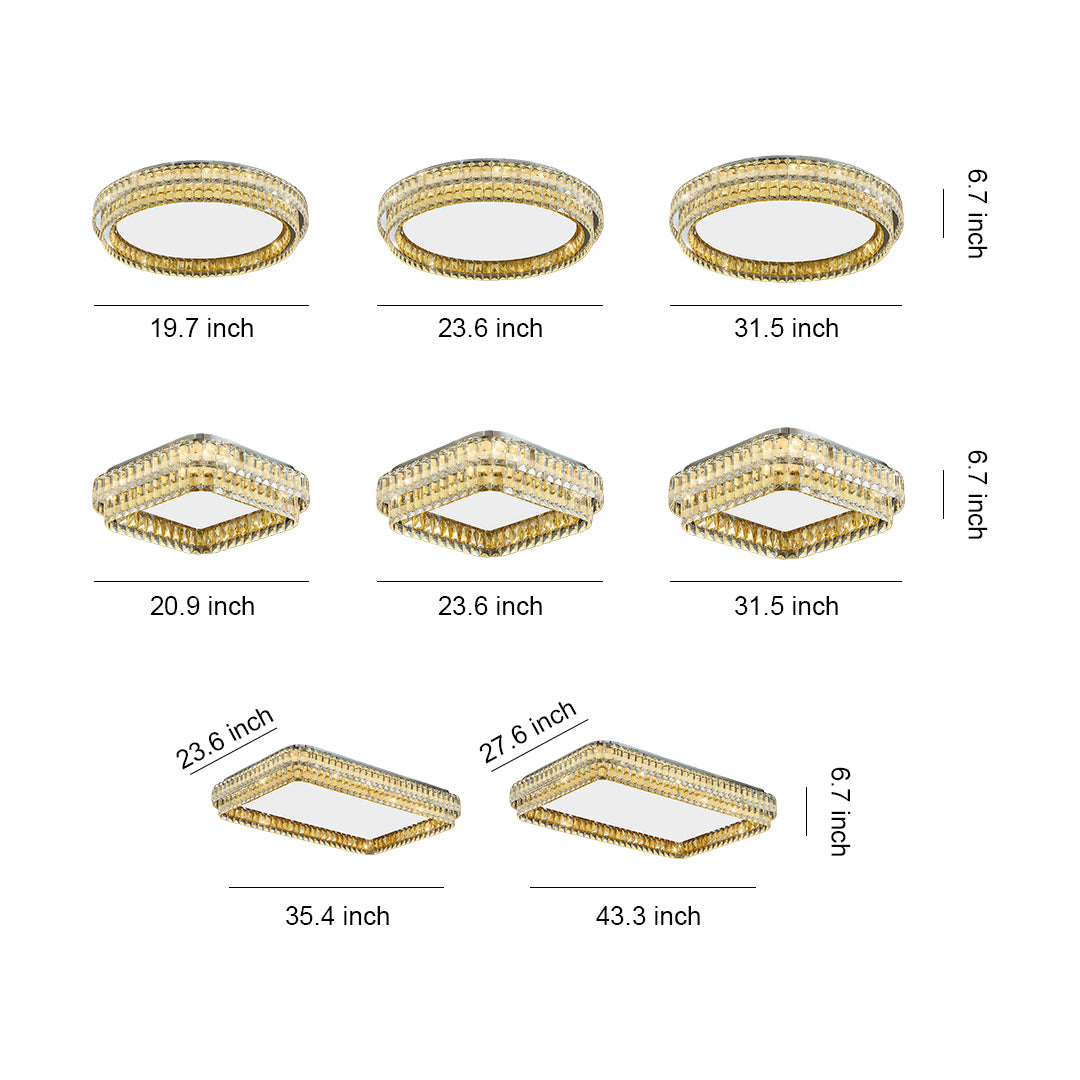 Size chart illustration showing multiple shapes and dimensions of flush mount modern light.