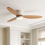 Flush mount natural wood ceiling fan with light featuring three light oak blades and a white motor housing.