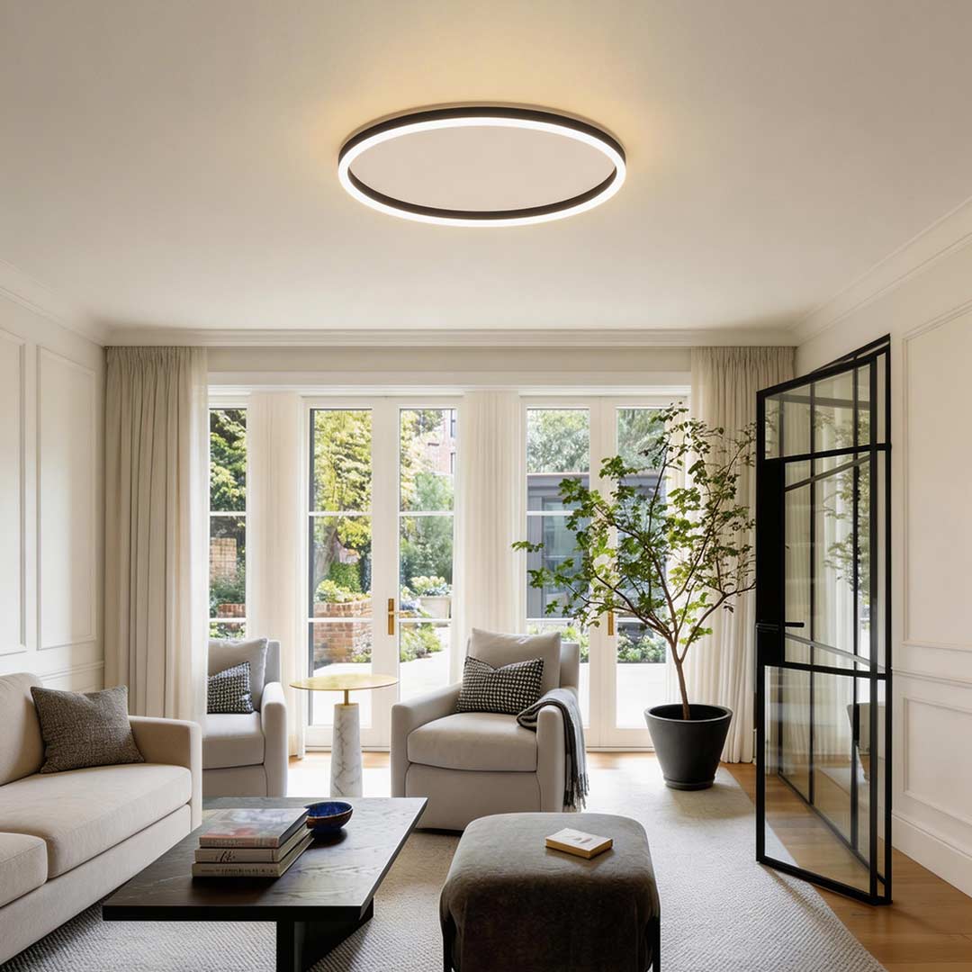 Flush mount ring light with a sleek design, enhancing a contemporary living room.
