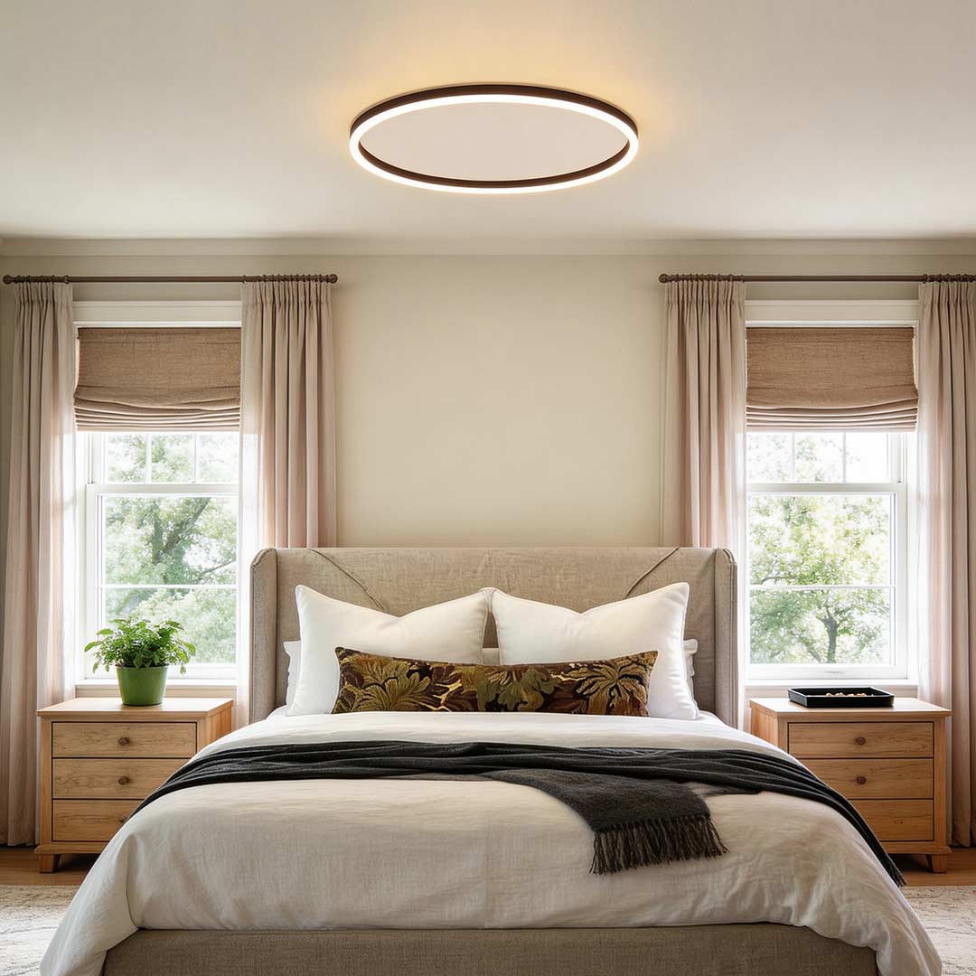 Flush mount ring light providing soft illumination in a modern bedroom with large windows.