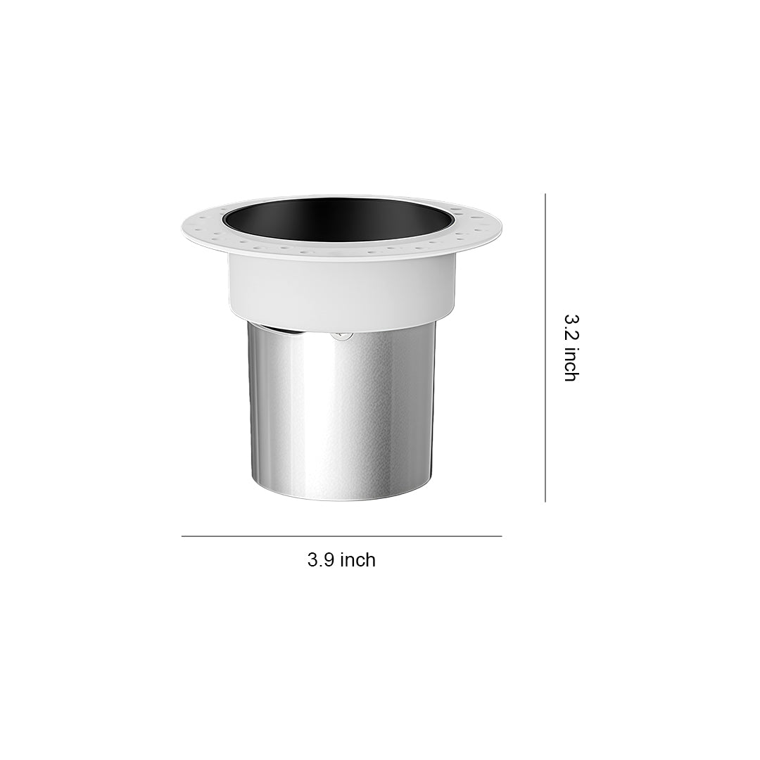 Flush mount spotlight with cylindrical silver housing and black reflector, shown with dimension measurement