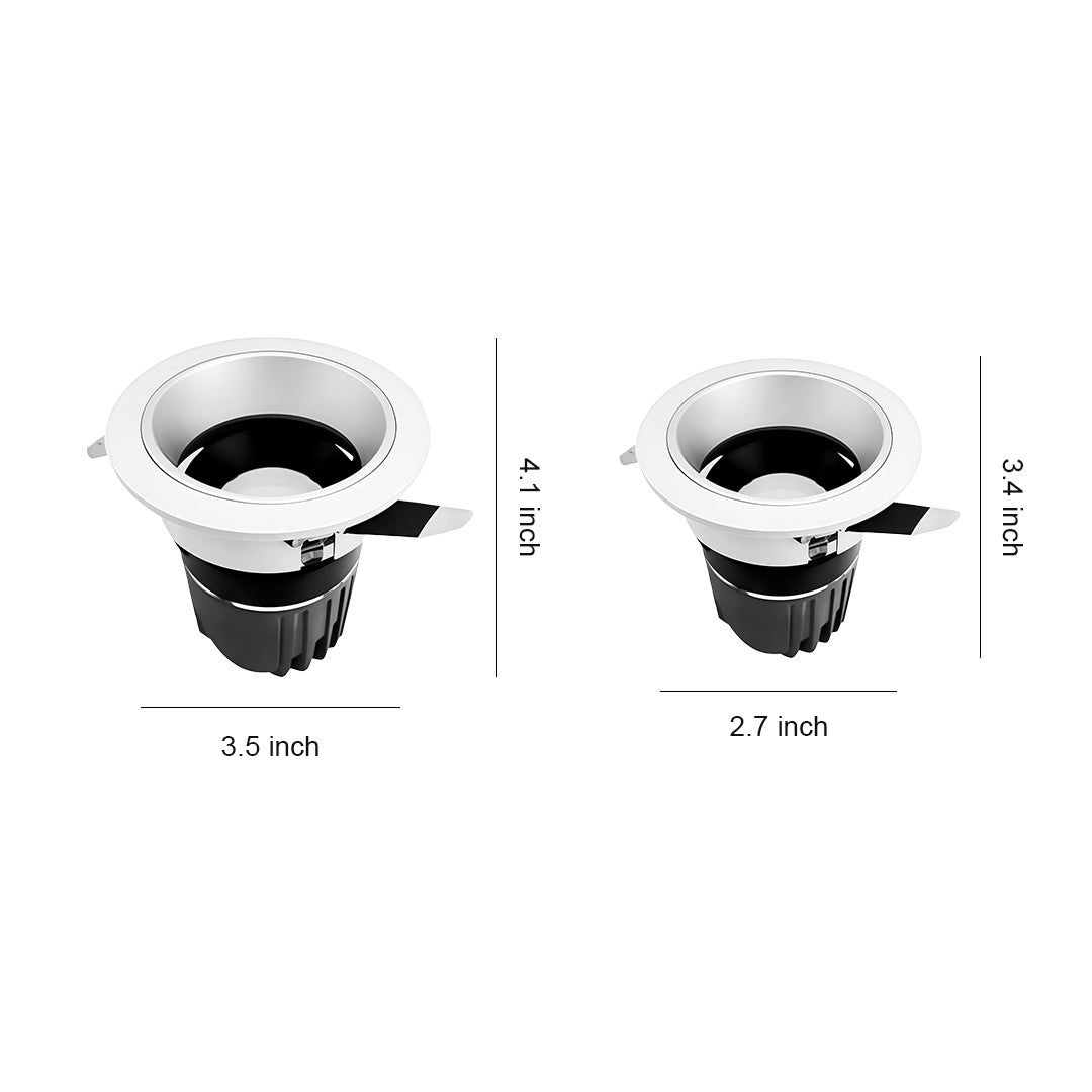 Flush mount spotlights with glass shade chandelier inspired design showing two sizes of recessed fixtures with white trim rings.