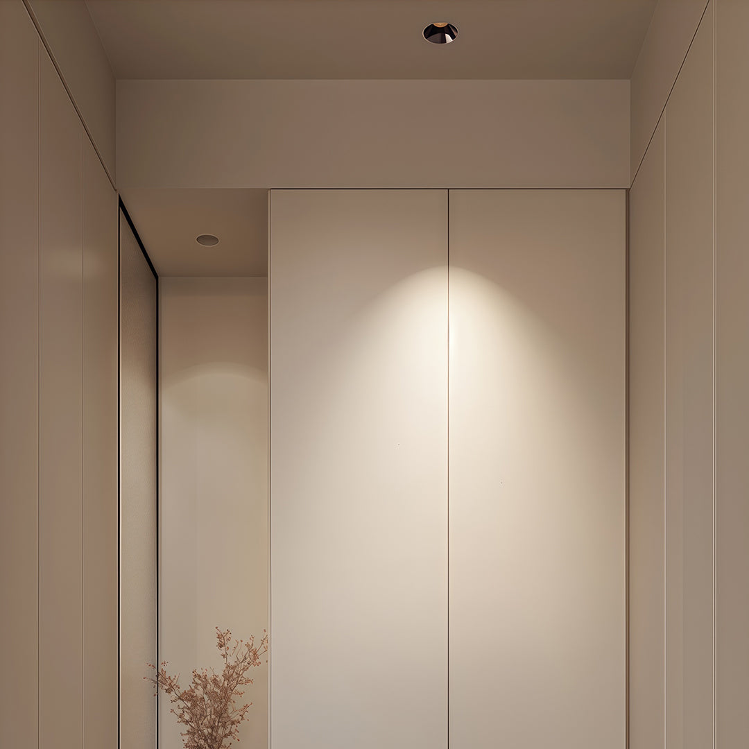 Flush mount spotlights illuminating warm minimalist entryway with wood flooring and neutral walls