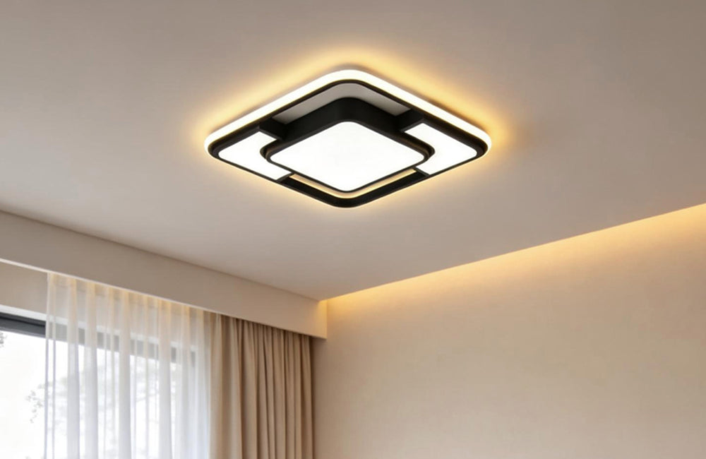 Black geometric flush mount ceiling light with warm glow