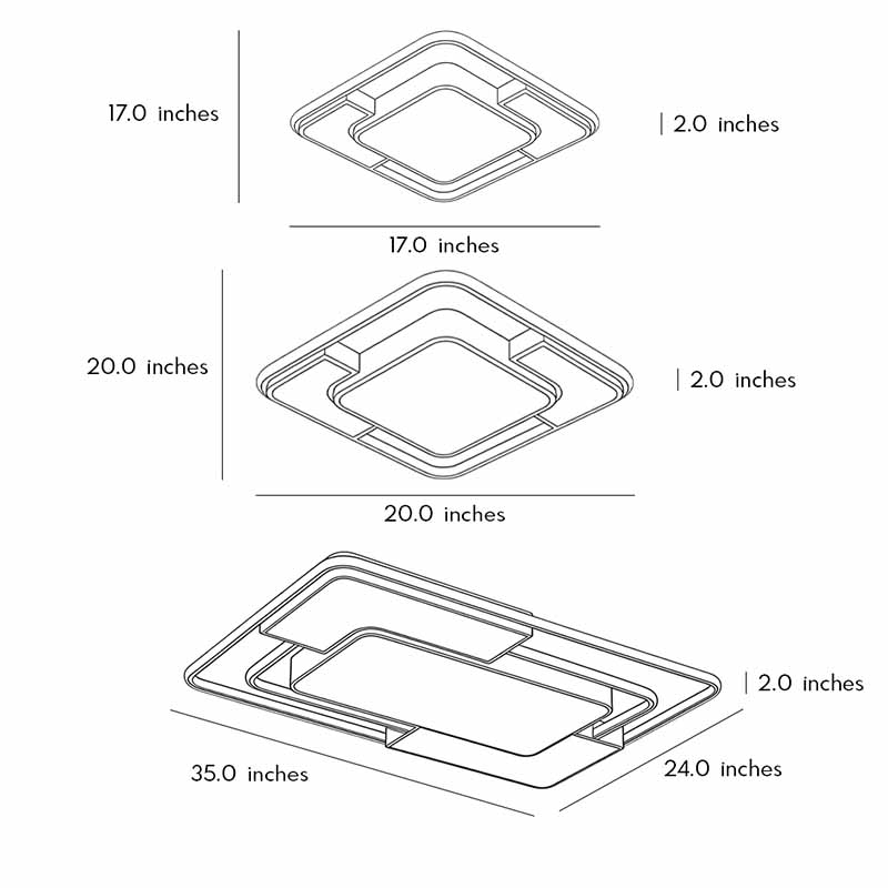 Technical dimension drawing illustrating installation size of a flush mount square ceiling light