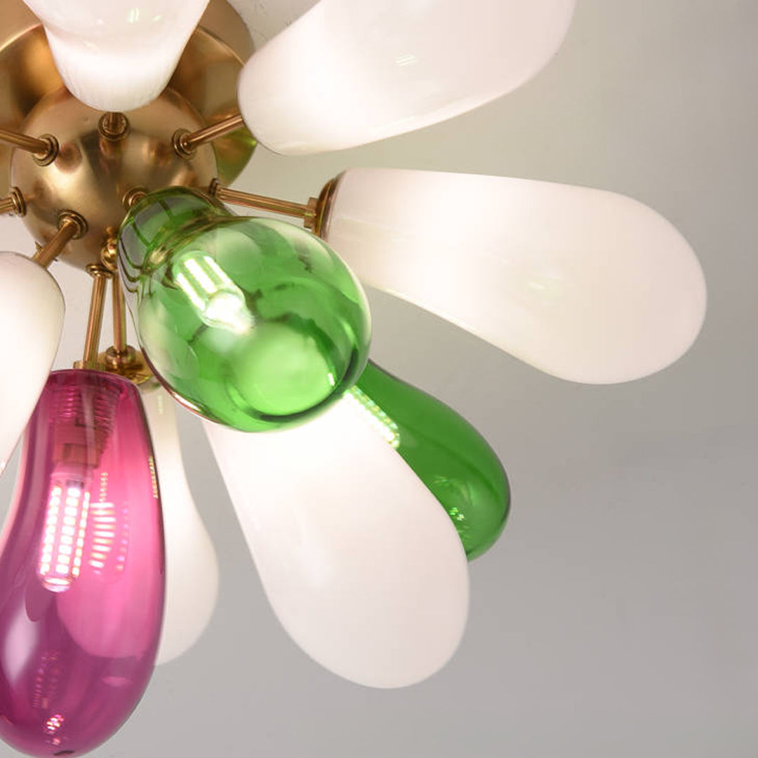 Underside view of flush mount stained glass ceiling light highlighting petal-shaped glass design.