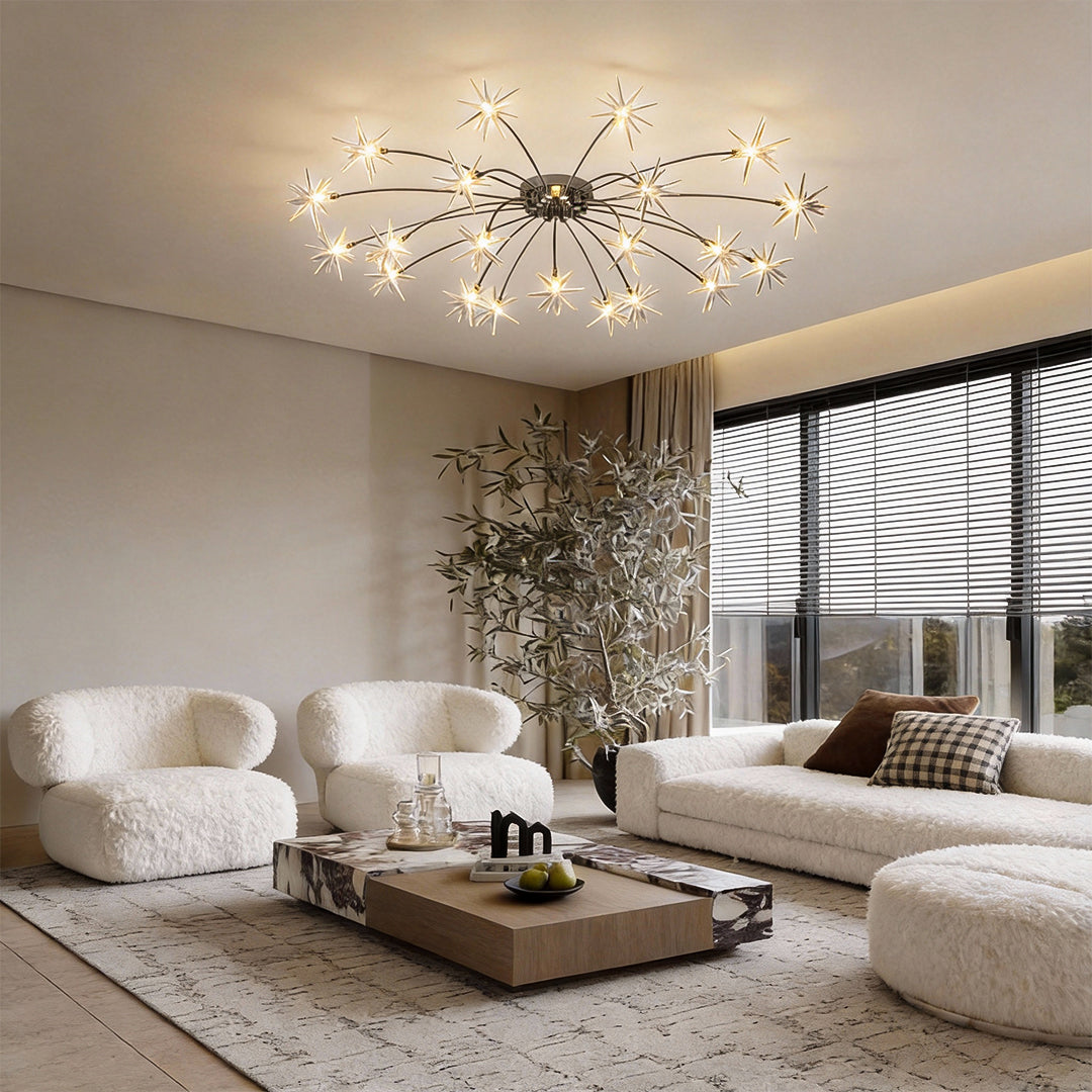 Flush mount starburst light fixture providing soft illumination above a stylish sofa setup.
