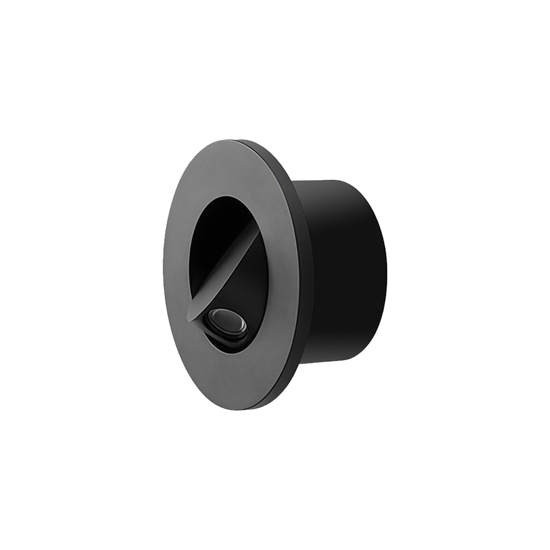 Black circular flush mount wall light with angled recessed LED spotlight and modern minimalist styling.