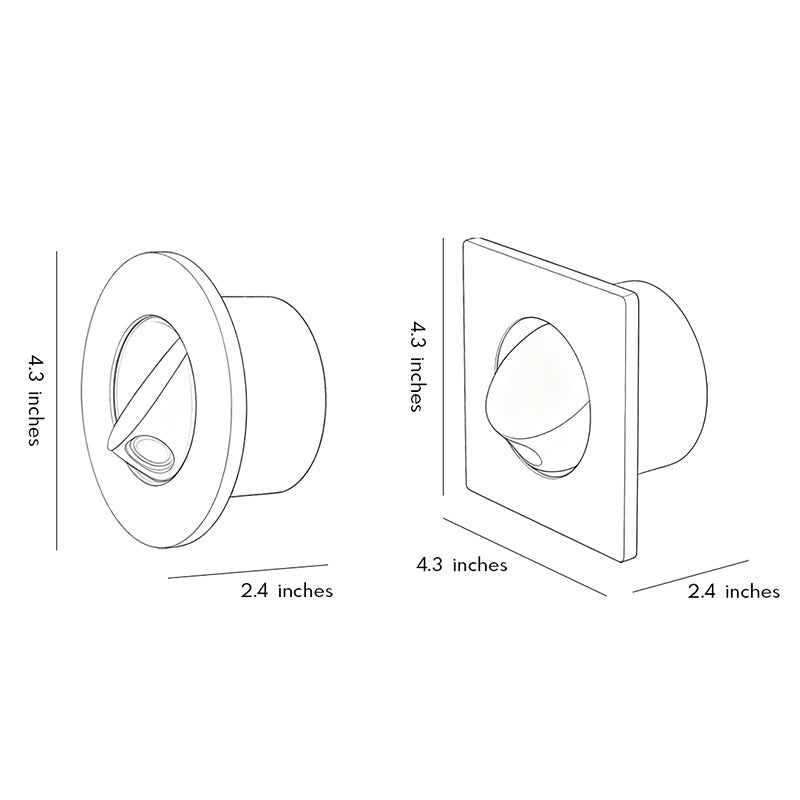 Dimension drawing of flush mount wall light showing round and square installation size measurements.