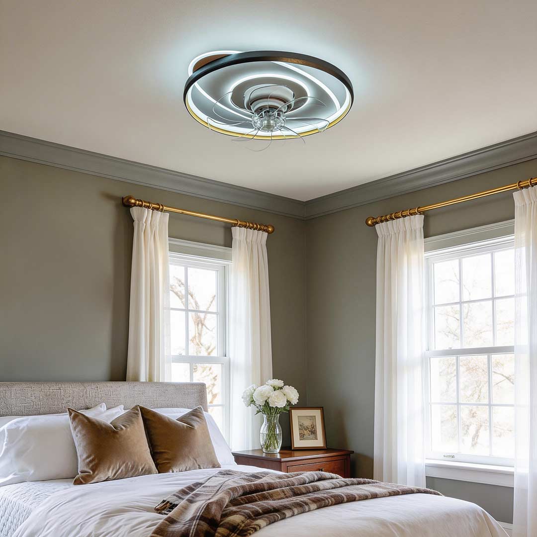 Flush mounted ceiling fan with light enhancing a contemporary bedroom with elegant illumination.