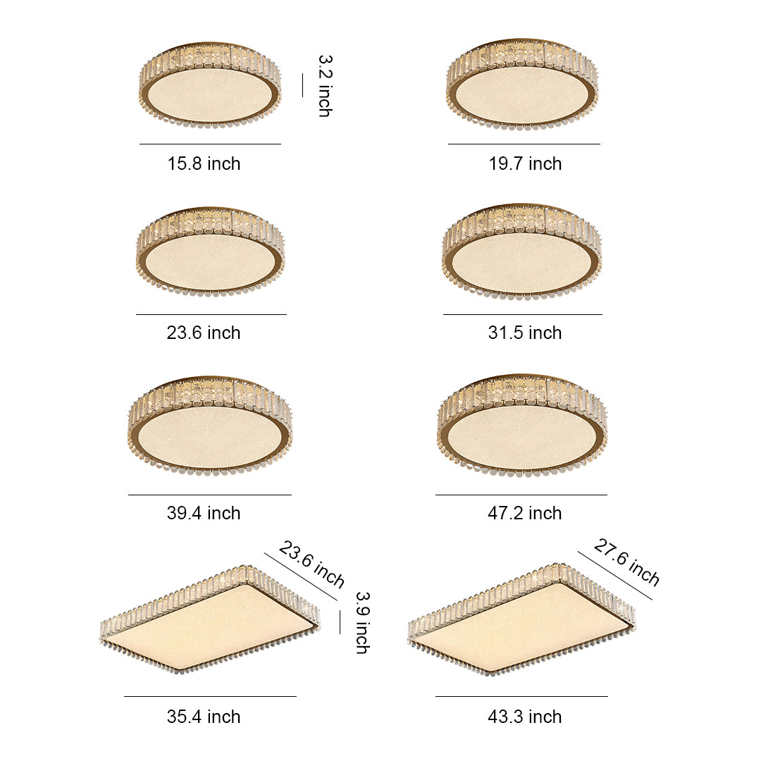 Flush mounted LED lights collection with glass shade chandelier inspired design showing various circular and rectangular shapes available.
