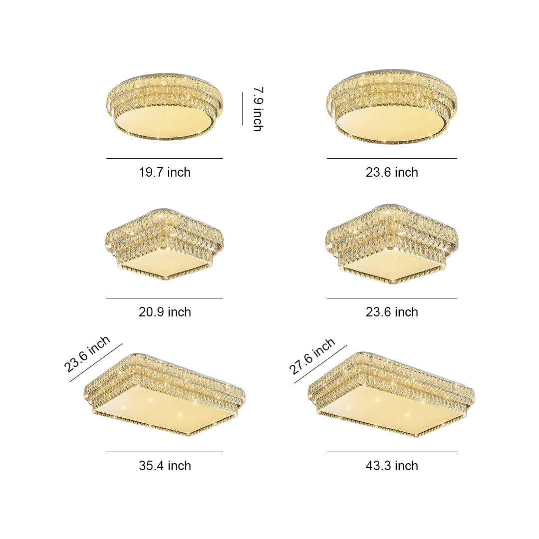 Flush mounted LED lights product line with glass shade chandelier inspired crystal trim showing various sizes and shapes available.