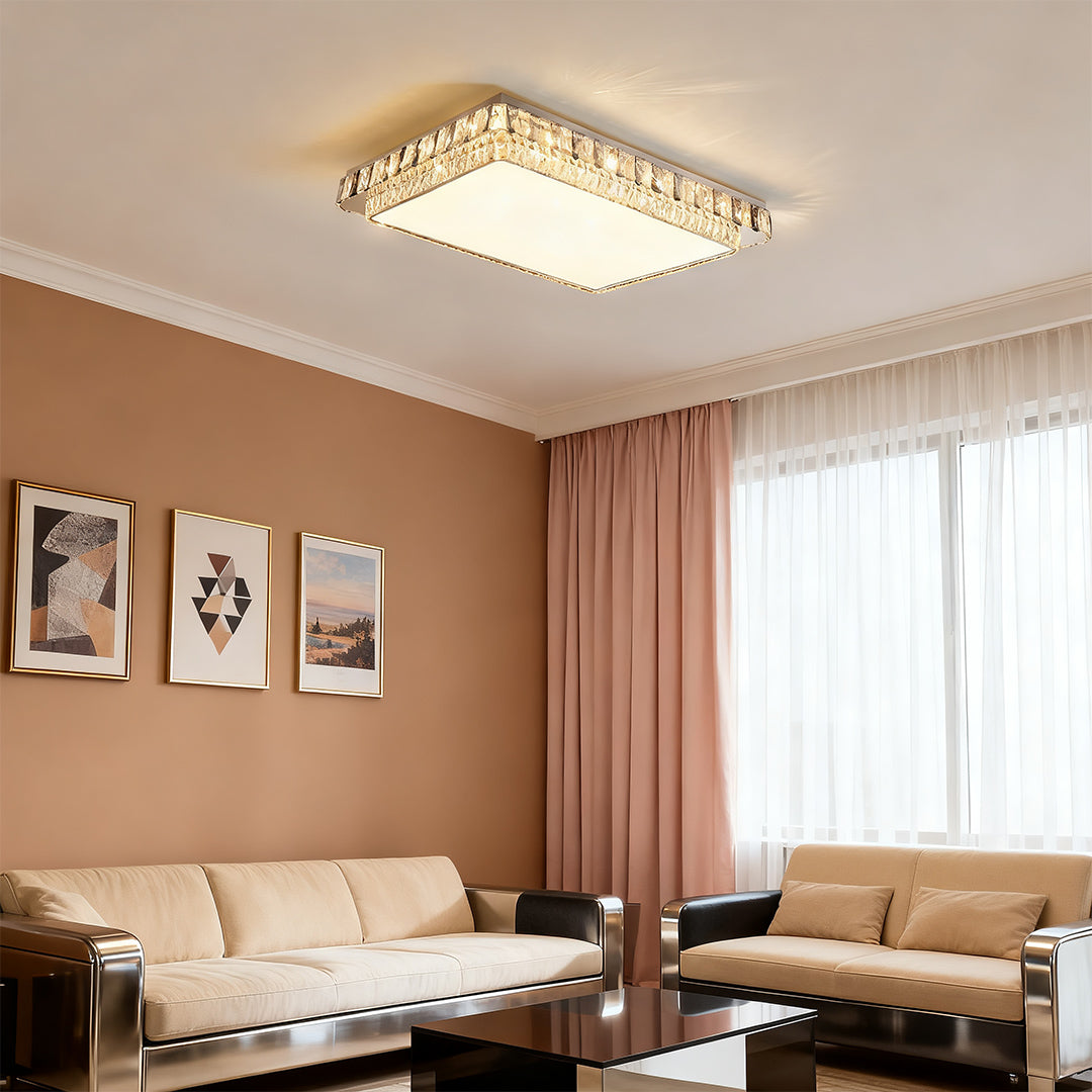 Round flush mounting LED light installed in a bedroom with elegant décor.