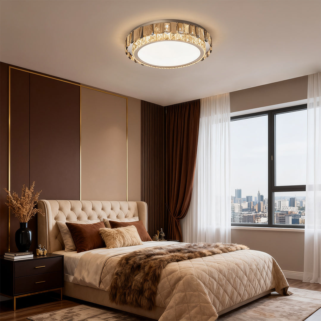 Square flush mounting LED light providing bright illumination in a modern living room.