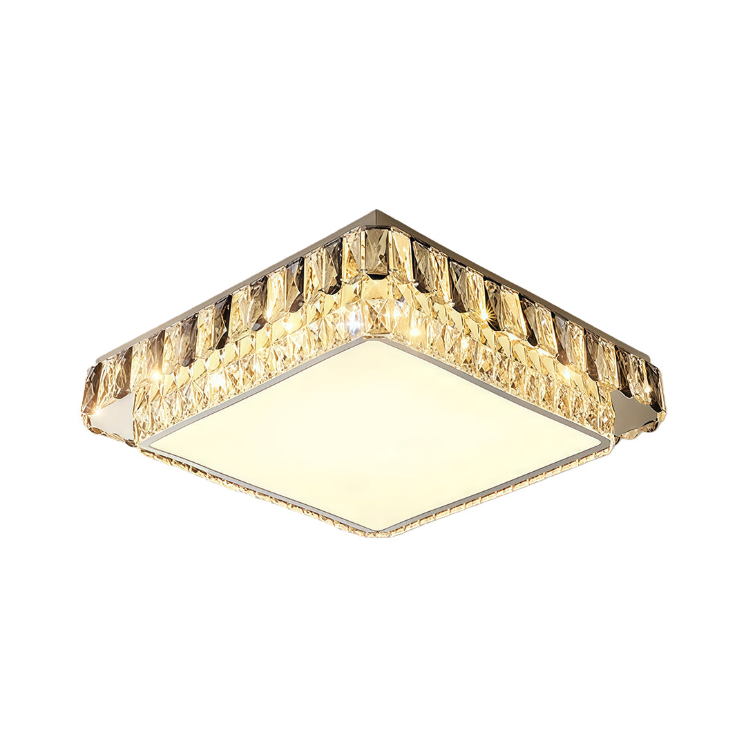 Rectangular flush mounting LED light with crystal edge and bright warm light.