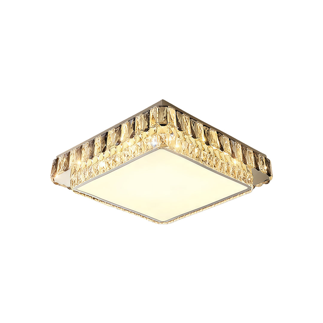 Square flush mounting LED light featuring gold and crystal accents for elegant interiors.