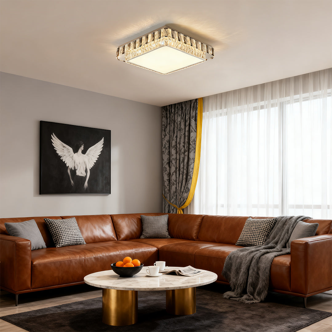 Square flush mounting LED lights brightening a stylish contemporary living area.