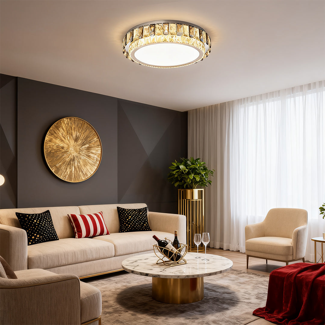 Round flush mounting LED lights fixture lighting up a luxury living room interior.