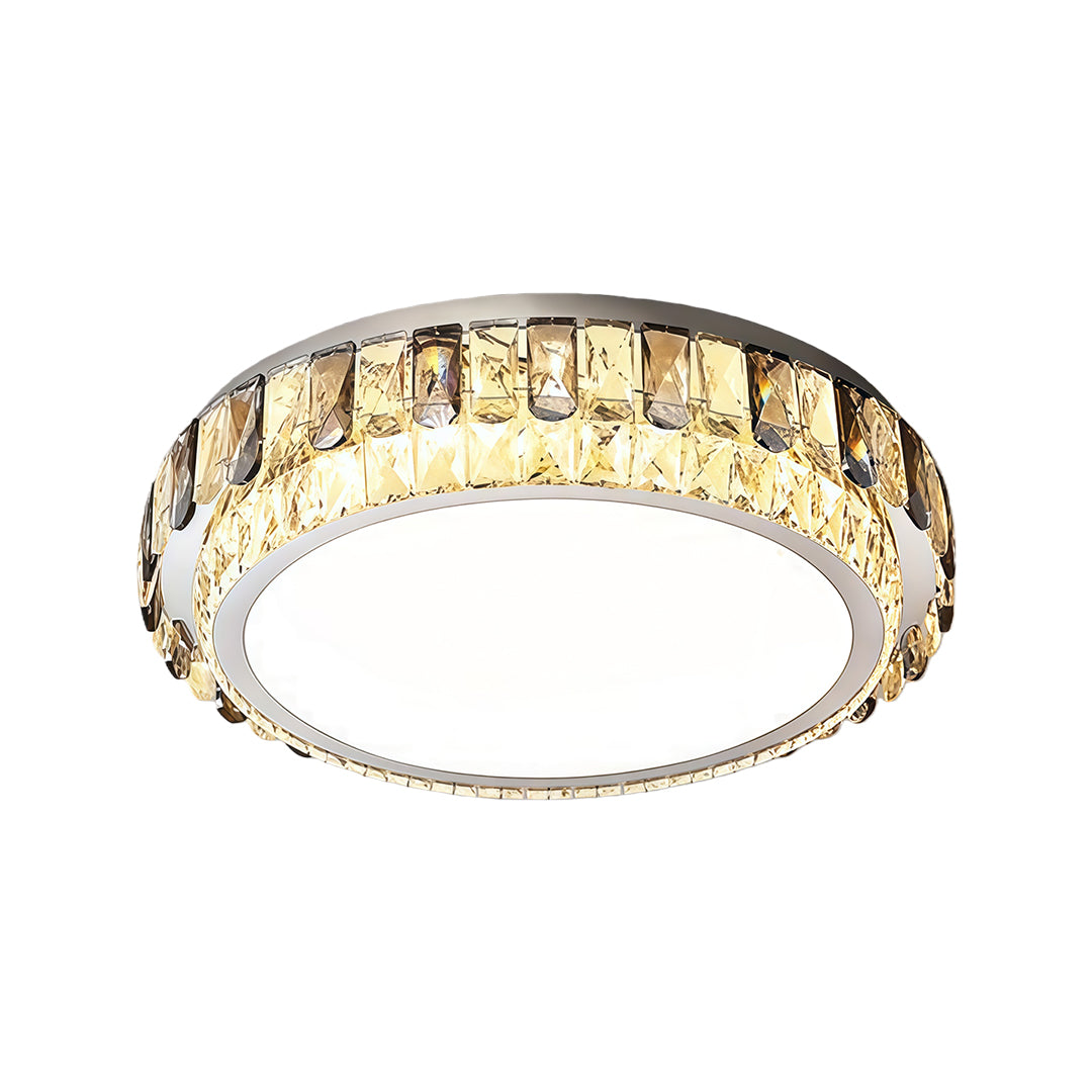 Circular crystal flush mounting LED lights with luxurious golden glow.