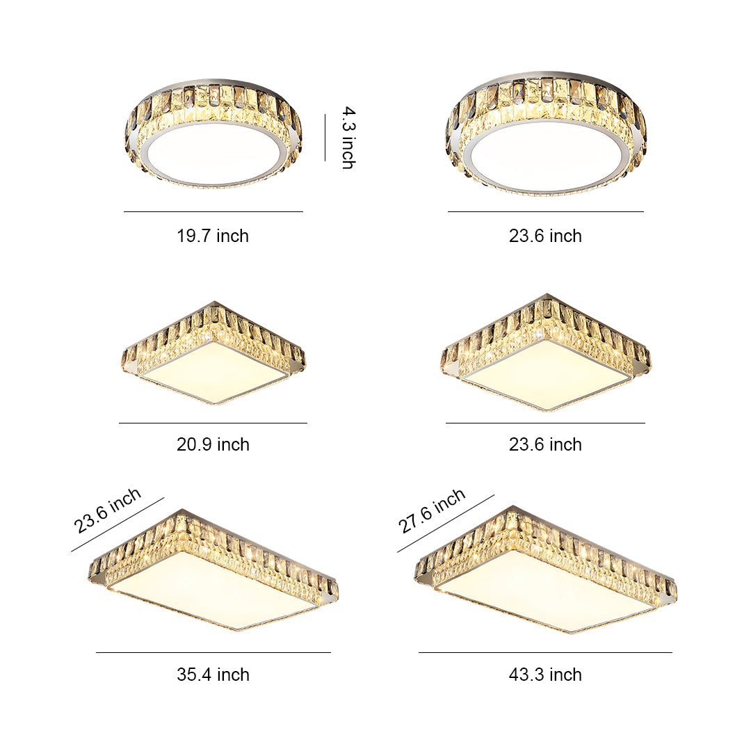 Set of round and square flush mounting LED lights with detailed size chart for ceiling installation.