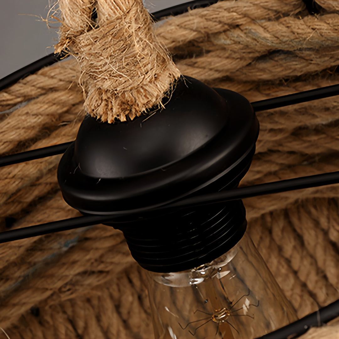 Focus on the durable black metal base and the wrapping of thick rope pendant lights around the fixture.