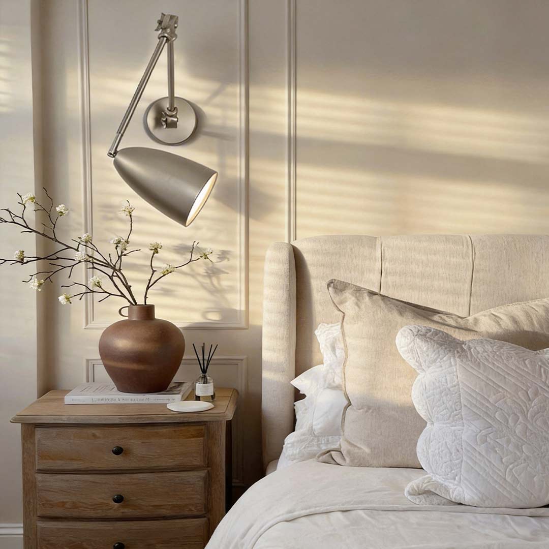 Folding wall light with a close-up of its adjustable arm and shade above a bedside table.