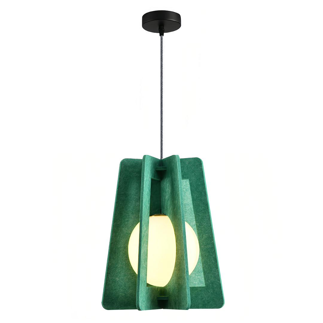 Deep forest green felt fun pendant lights showing the soft material texture and warm globe bulb. 
