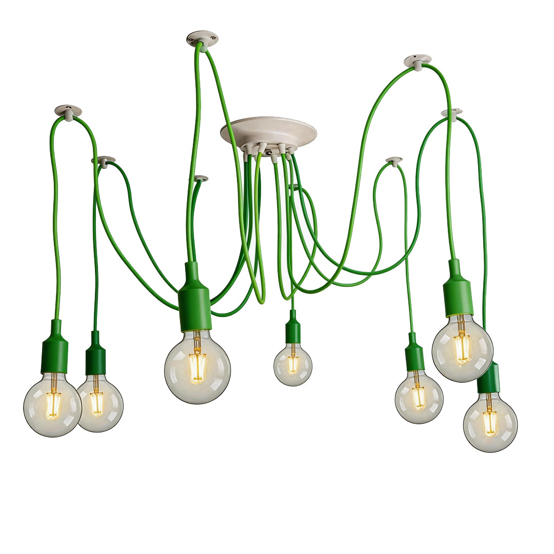 Forest green spider chandelier fixture with industrial Edison bulbs.