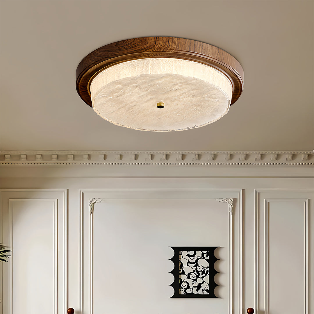 Wood flush mount ceiling light showcased in formal living space with elegant home decor