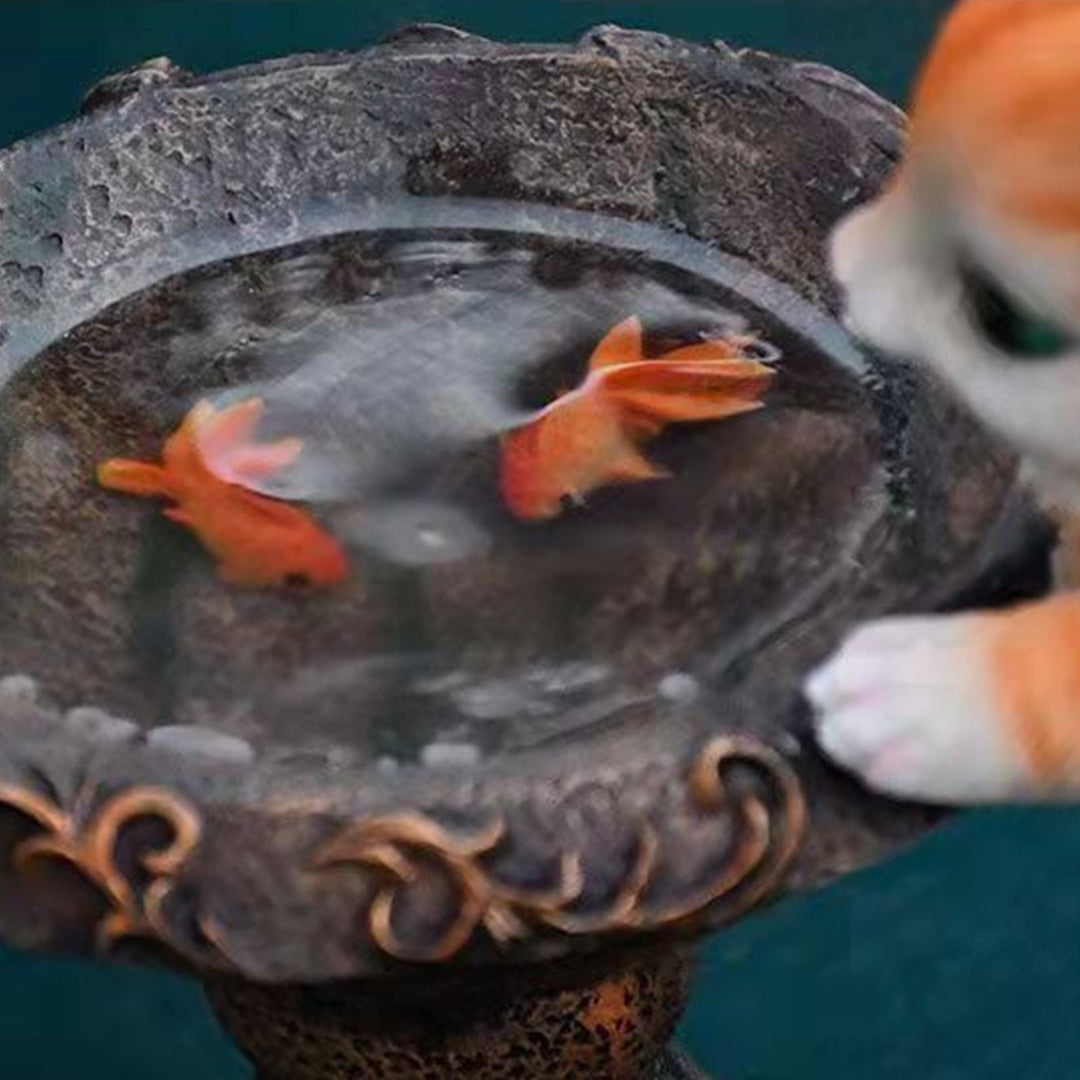 Close-up of decorative fountain with gray kitten figures and warm lighting details
