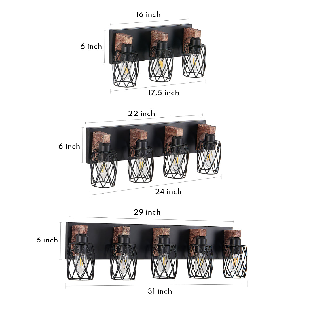 Black vanity bathroom light with four bulbs and industrial cage design, perfect for modern bathroom mirrors.