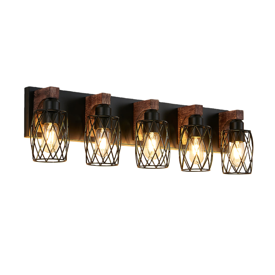 Black vanity bathroom light with four bulbs, enhancing a cozy and well-decorated bathroom space.