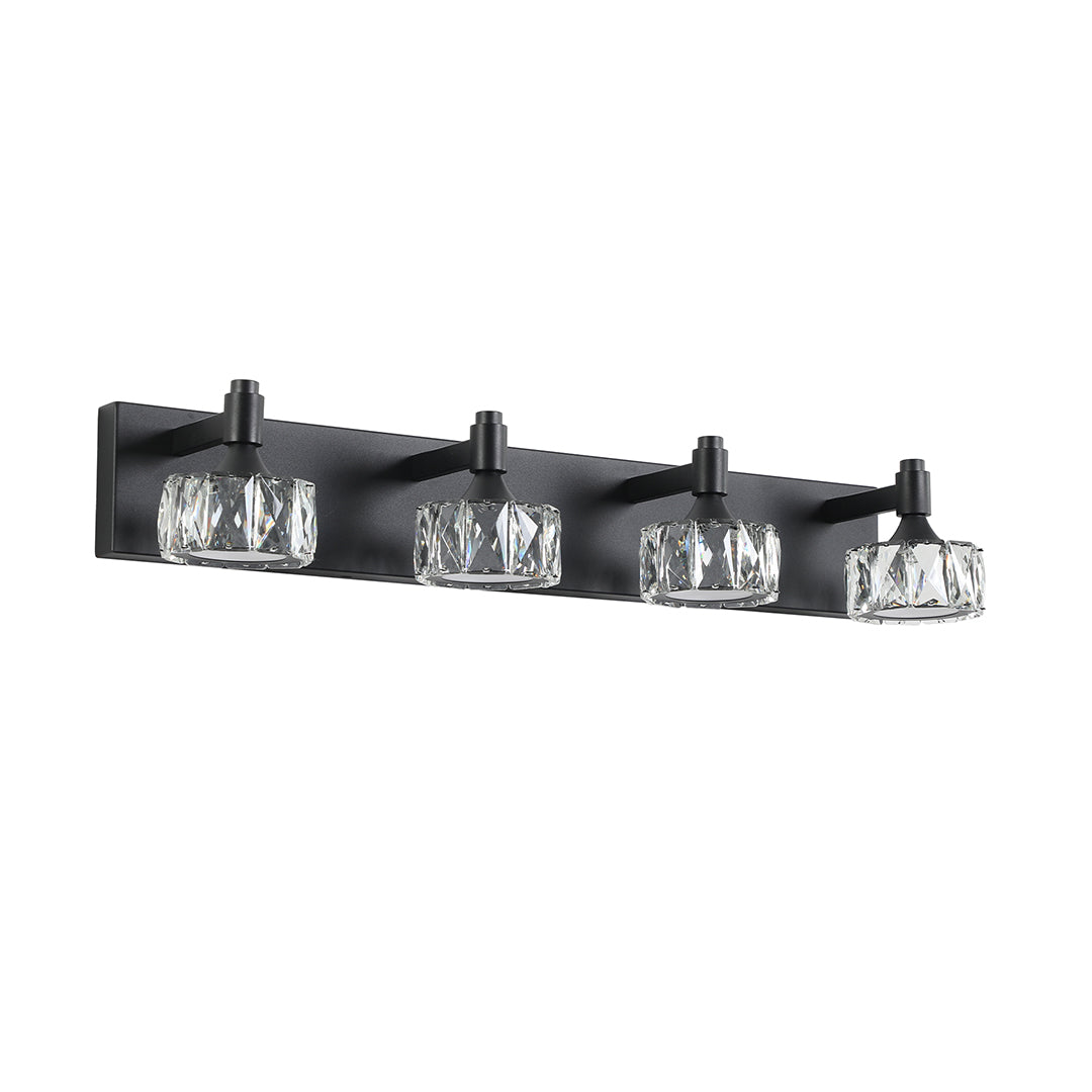 Four-light crystal bathroom vanity light with glass shade chandelier aesthetic and matte black bar mounting.