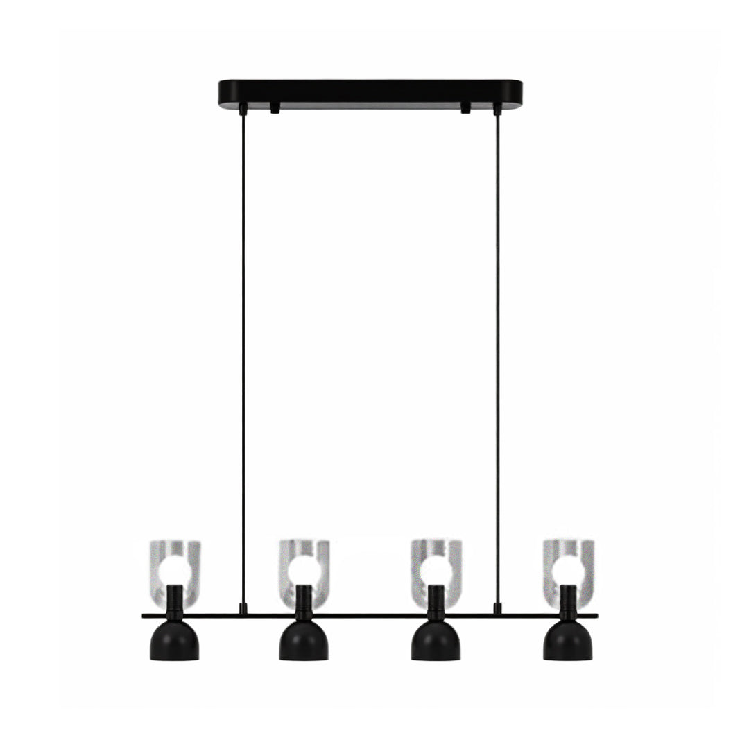 Minimalist four-light glass pendant chandelier with clean lines and modern suspended design.