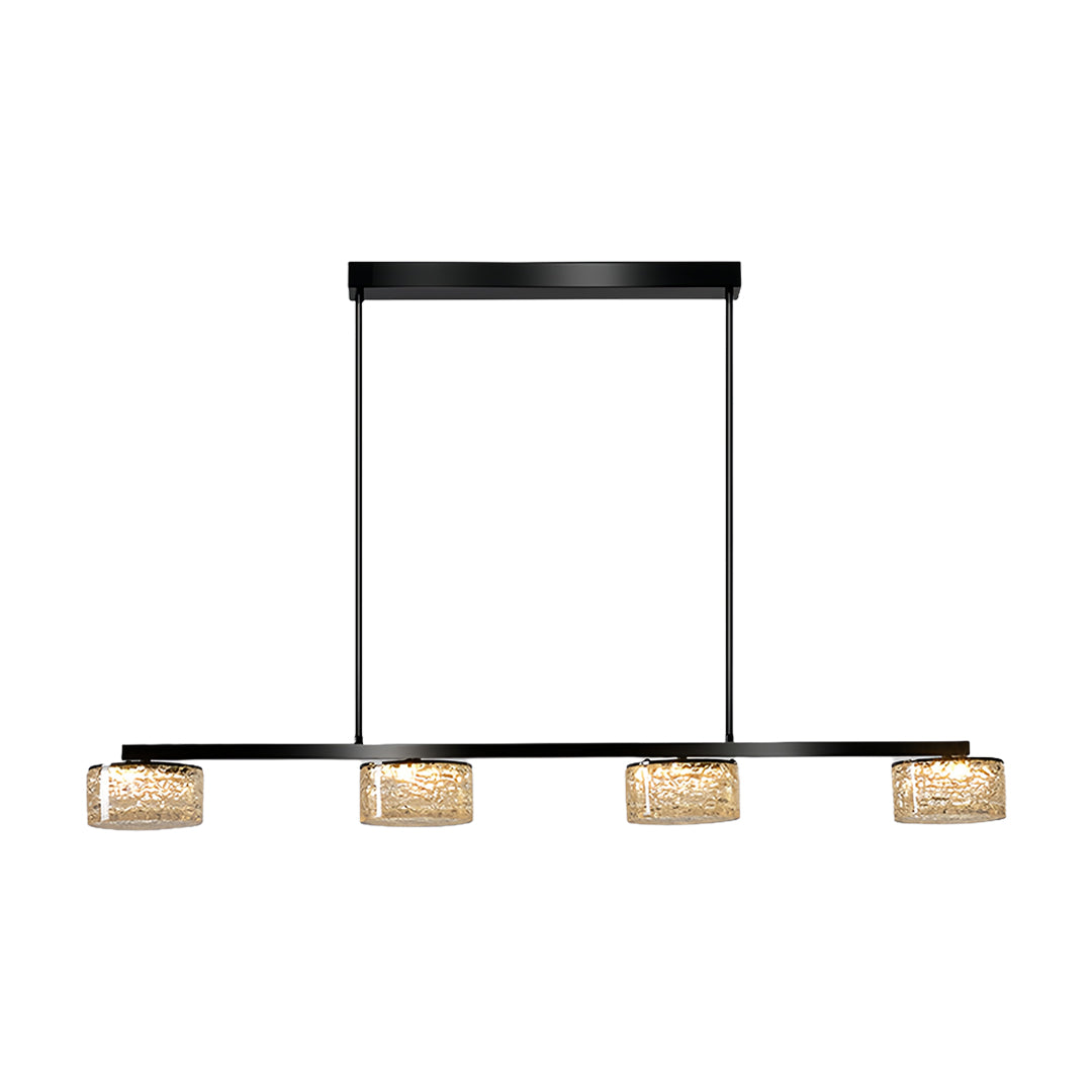 Four-light LED linear pendant light featuring black suspension system with decorative glass elements