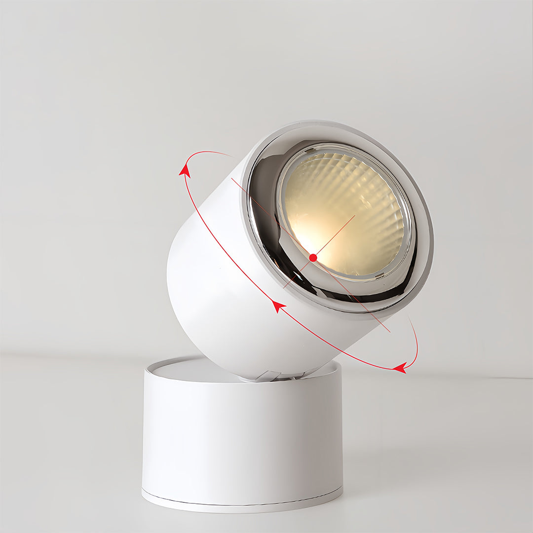 Freestanding adjustable spotlight with spherical white housing and multi-directional rotation arrows
