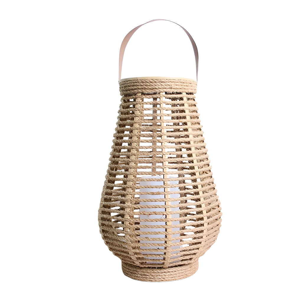 Freestanding rattan solar lantern outdoor light shown on white background.