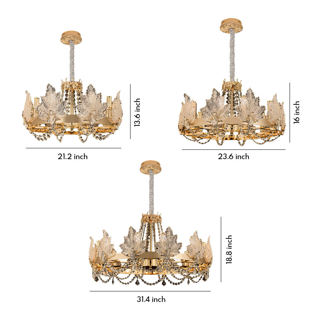 Size chart of French-style crystal chandelier showing multiple diameters and hanging lengths.