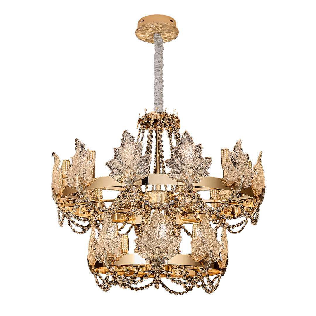 Rectangular French crystal chandelier with gold frame and cascading crystal beads.