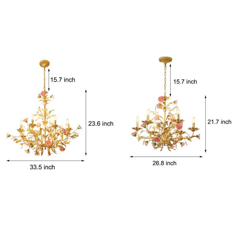 French Luxury Ceramic Pink Roses Chandeliers: 6/8 - Light Candlelight Pastoral Charm