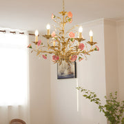 French Luxury Ceramic Pink Roses Chandeliers: 6/8 - Light Candlelight Pastoral Charm