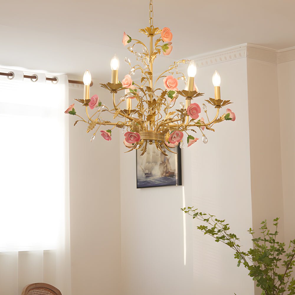 French Luxury Ceramic Pink Roses Chandeliers: 6/8 - Light Candlelight Pastoral Charm
