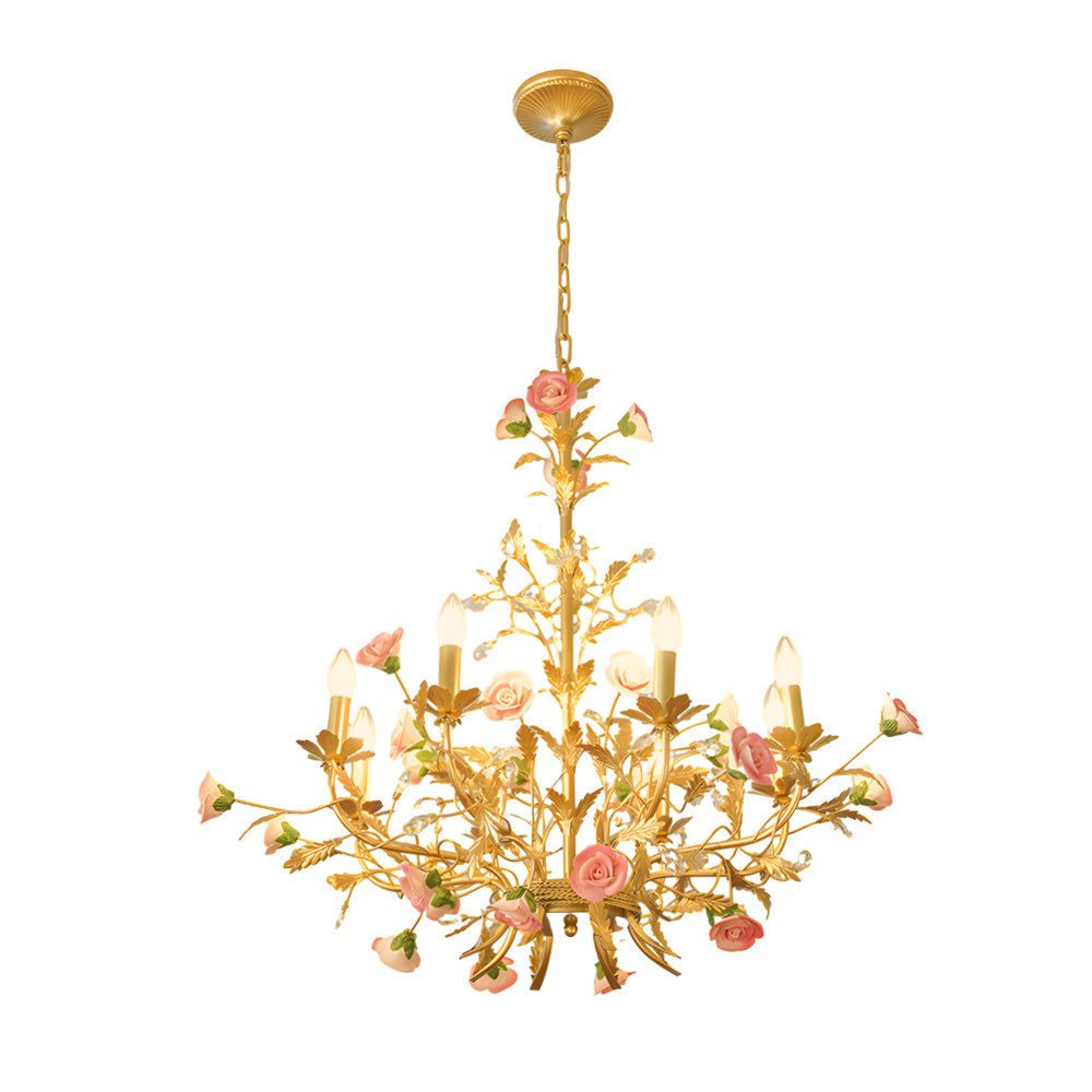 French Luxury Ceramic Pink Roses Chandeliers: 6/8 - Light Candlelight Pastoral Charm