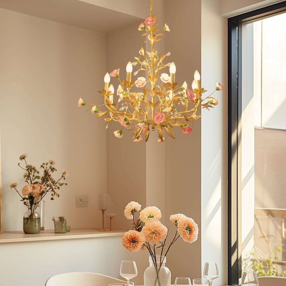French Luxury Ceramic Pink Roses Chandeliers: 6/8 - Light Candlelight Pastoral Charm